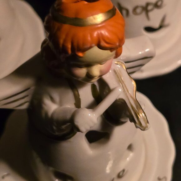 Set Of 3 Ceramic Angel Candle Holders With "Joy" "Hope" "Love" Texts & Heart Cut - Picture 6 of 9